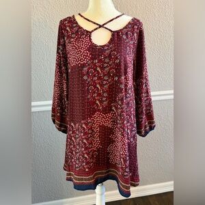 Entro Burgundy Boho Keyhole Swing Dress Criss Cross Neckline Eclectic Size L